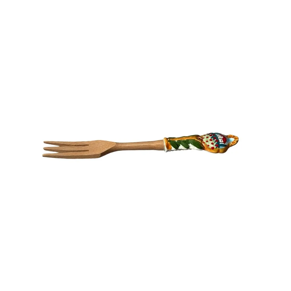 Vintage Italian Hand Painted Ceramic & Wood Serving Fork Vineyard House Motif